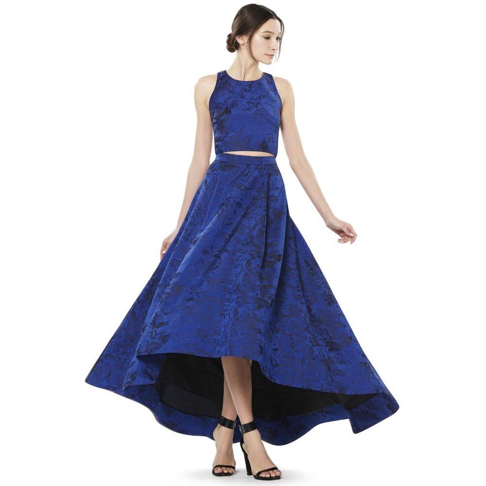 Alice + Olivia Royal Blue A-Line High-Low Floral Jacquard Skirt